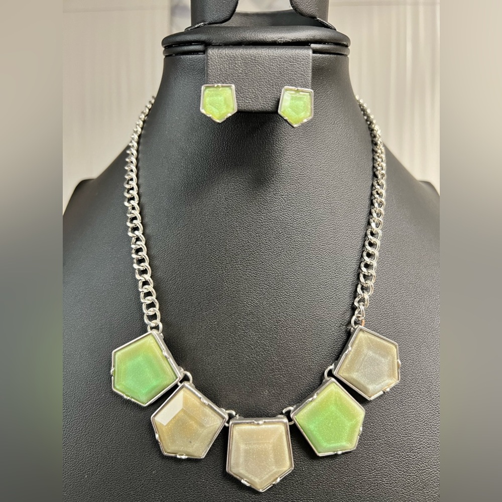 Charming Charlie Necklace and Earrings Tan and Green